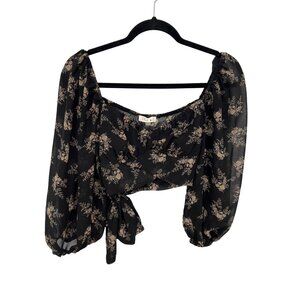 Blush J Floral Sheer Crop Top Size Medium Black Puff Sleeve Side Tie Whimsigoth